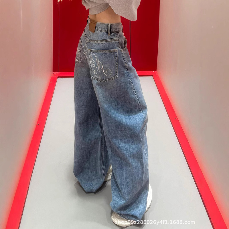 south oil quality! Spring and Summer 2025 New Rhinting Mid-high Waist Wide-leg Jeans Women's Casual Scimitar Trousers