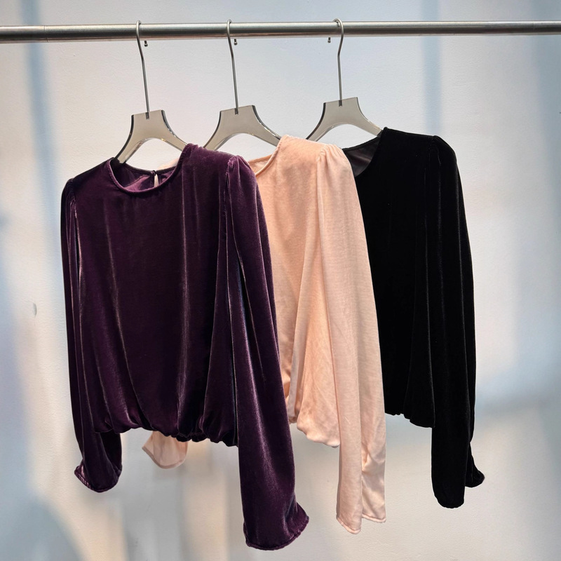 Nanyou's New 2025 High-Quality Silk Velvet Round Neck Simple French Hem Shrink Top Fashionable Shirt