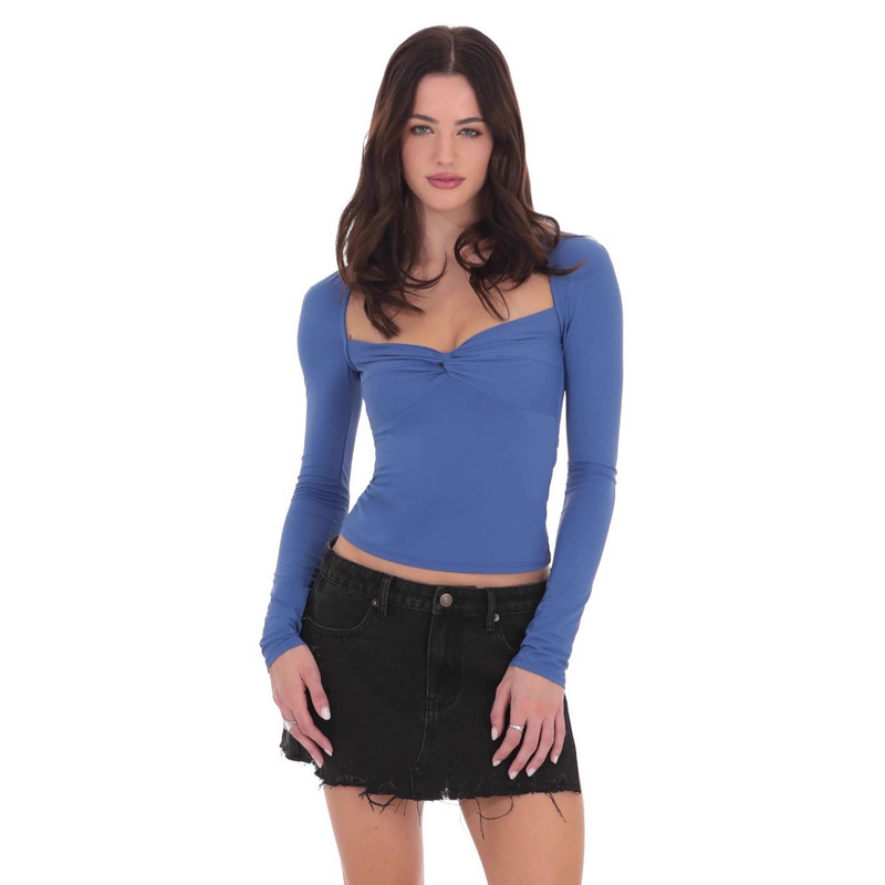 2025 Cross-Border European and American Women's Long-Sleeved Front Twist V Neck T-Shirt Slim Sexy Fashion Autum Tops for Women