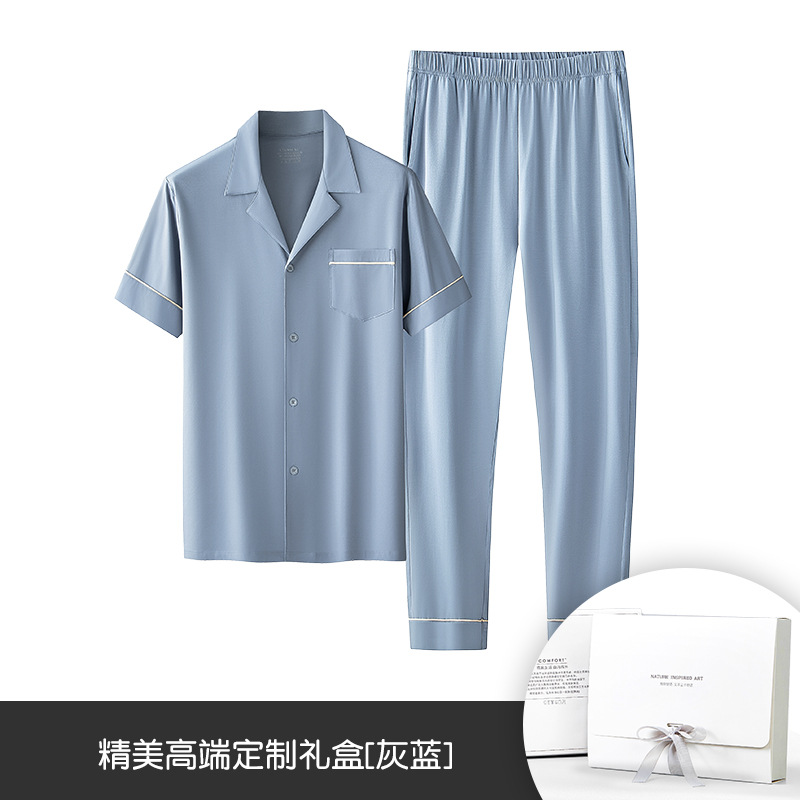 Primavera y verano nuevo estilo 60 algodón modal ropa de hogar para hombres estilo delgado puede salir el conjunto de pijamas del año natal en stock