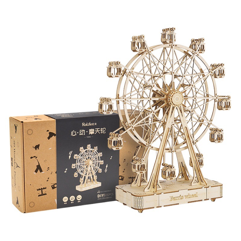 Ruozhiluo caja de música noria DIY hecho a mano tridimensional montado modelo de juguete creativo caja de música regalo