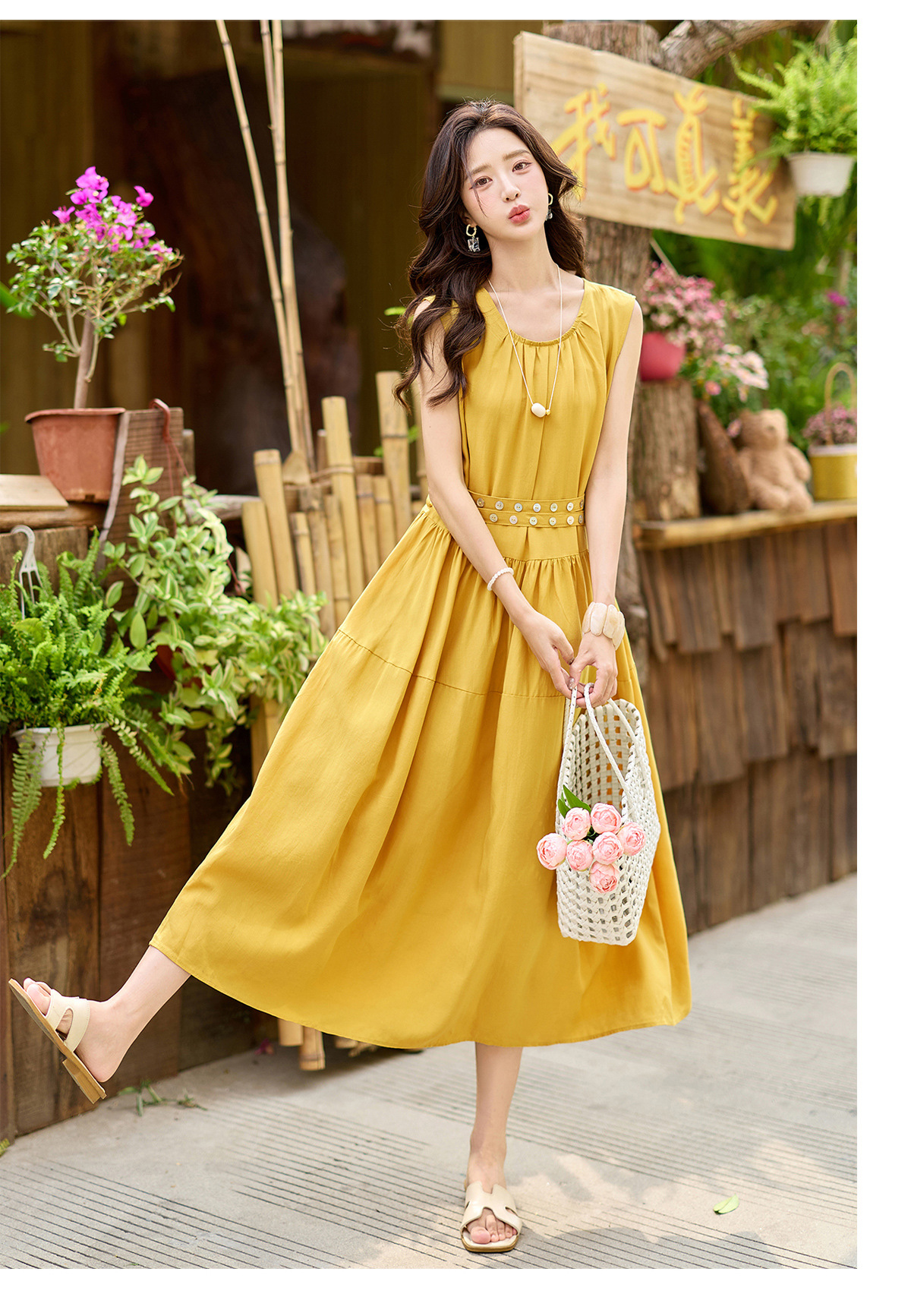 Đầm suông nữ midi không tay dáng rộng dài quá gối MJ5611 — màu trắng, xanh lá cây, màu vàng chi tiết 16