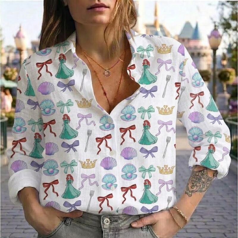White mermaid princess shell bow crown fork print long-sleeved shirt with turn-down collar, loose and casual for women White mermaid princess shell bow crown fork print long-sleeved shirt with turn-down collar, loose and casual for women