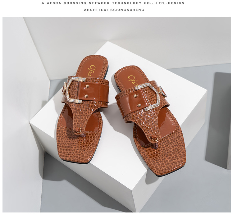 Flip Flops Slides Mode Strass Gürtelschnalle Lässige flache Damensandalen_voghion.com