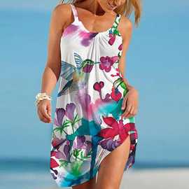 2022外贸跨境夏季新款 自然风景女装夏季沙滩连衣裙 印花吊带裙