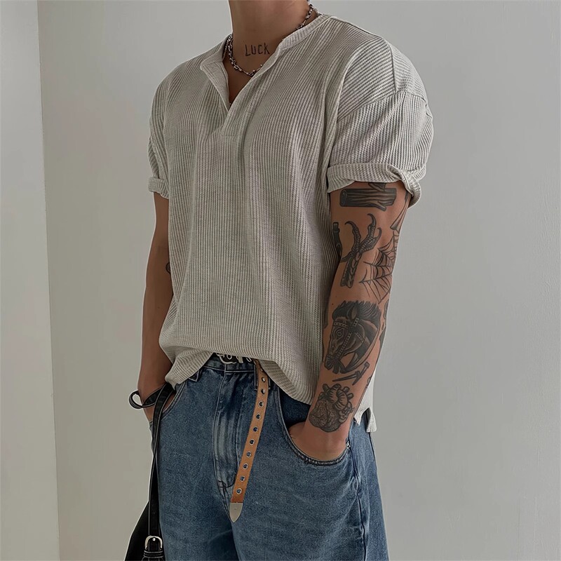 Henry Collar Waffled Short-sleeved T-shirt Men's Summer American Style Simple Base Top Lightweight Breathable Side Split T-shirt