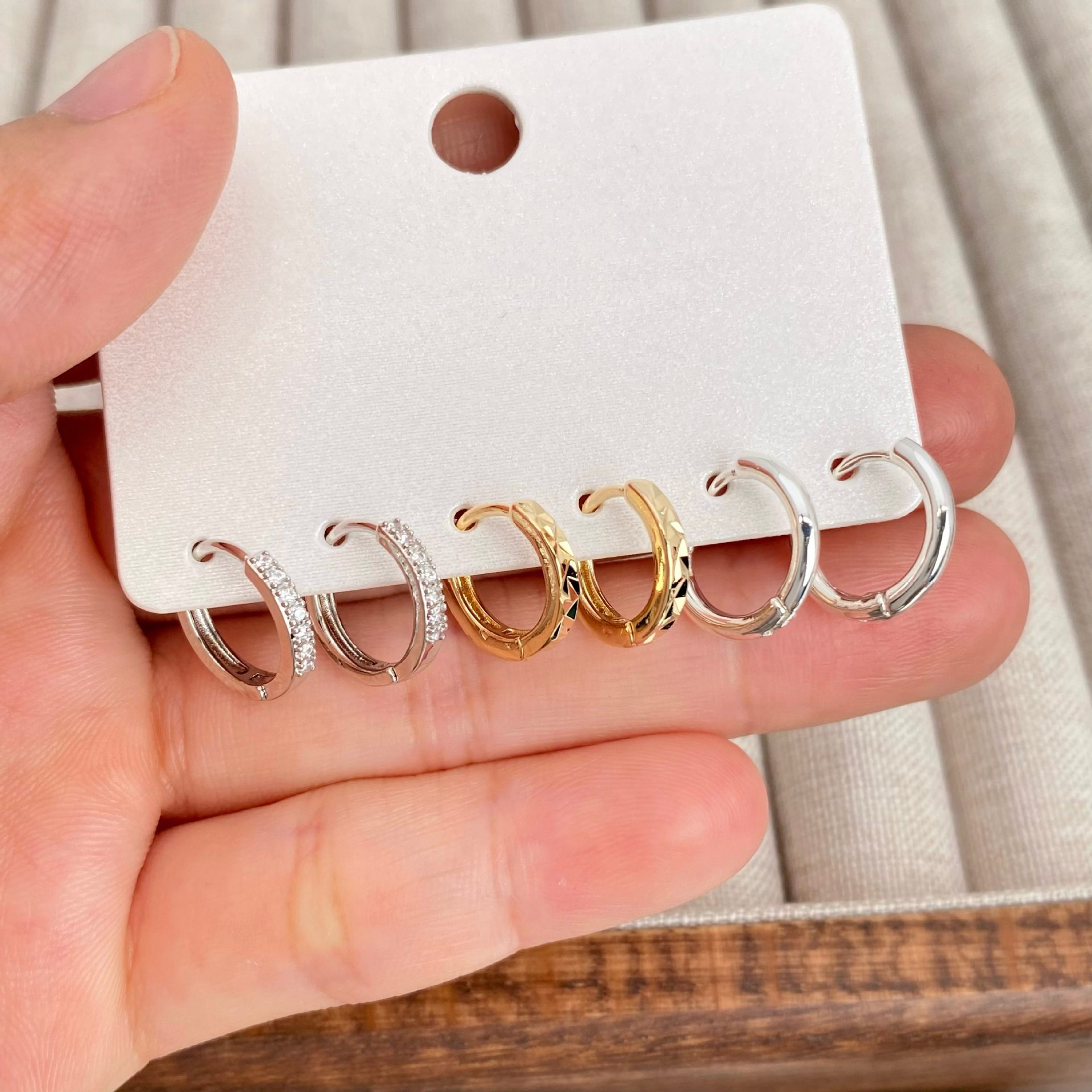 35번 실버 큐빅 지르코니아 + 골드 마름모 + 실버 무광 링 귀걸이 1.2cm 3개 세트