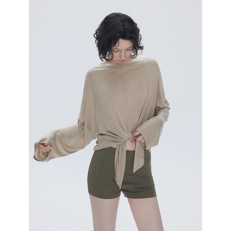 Annachic Light Oxygen Moment_Fashionable Strap Long Sleeve T-Shirt for Women_Slightly Translucent Sun Protection Cover-Up Sports Casual Top