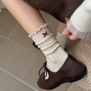 休闲棉袜女秋冬透气蝴蝶结小腿袜花边竖纹显瘦堆堆袜芭蕾风中筒袜