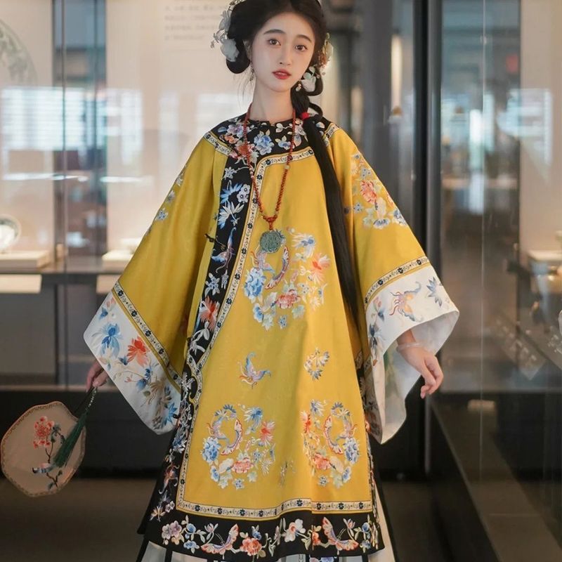 Qinghan 女性の漢服両開き復元プリントラウンドネック民族衣装馬面オリジナル重工業改良版|undefined