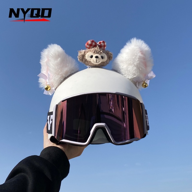 White pink curly bear ear helmet decoration, detachable ski helmet universal accessory, ski helmet accessory