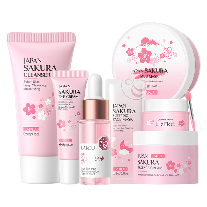 Conjunto combinado de leche de caracol y flor de cerezo LAIKOU transfronterizo, varios conjuntos, kit de productos para el cuidado de la piel de combinación libre.