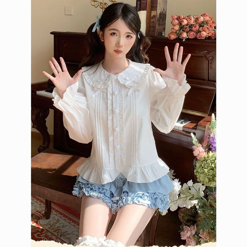 Japanese-style soft girl lolita shirt with doll collar, long sleeves, sweet dress, puff sleeves, women's autumn lolita inner top Japanese-style soft girl lolita shirt with doll collar, long sleeves, sweet dress, puff sleeves, women's autumn lolita inner top
