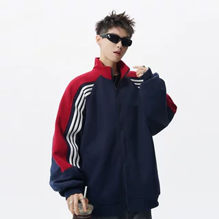 拼色条杠开衫卫衣男女款潮牌宽松设计感百搭痞帅休闲立领拉链外套