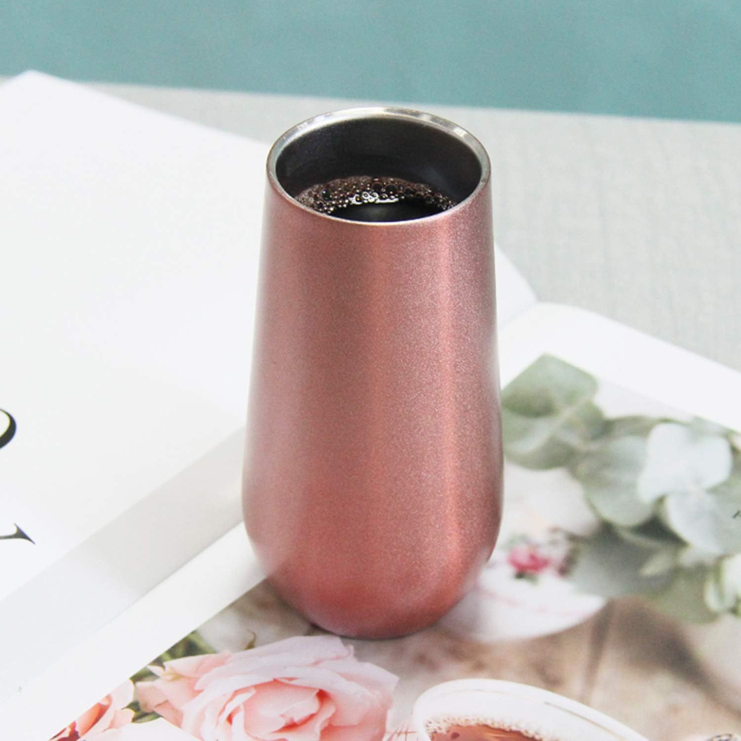 Taza de champagne de 6oz Amazon al por mayor taza de vino tinto taza de cáscara de huevo en forma de U taza de vacío de doble capa taza de coctel