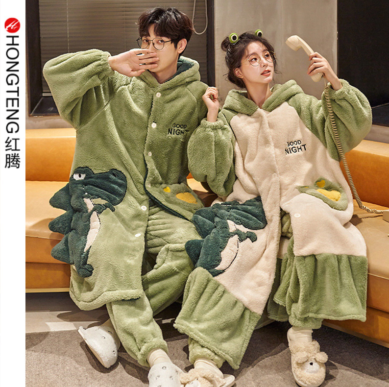 Winter Long couple nightgown women's dinosaur cartoon flannel pajamas men's and women's homewear warm suit winter