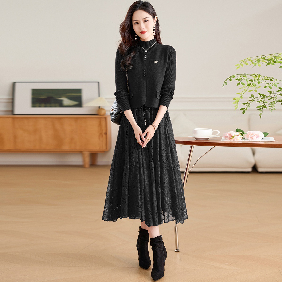 Vestido de tejido de encaje de dos piezas para mujeres de otoño y invierno con abrigo de lana de madres de mediana edad con falda de base image 9