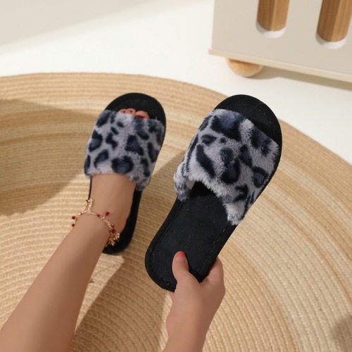 Ins Leopard-Print Plush Slippers, Cross-Strap Cotton Slippers for Cozy Home Wear—Warm Autumn & Winter Fuzzy Slippers