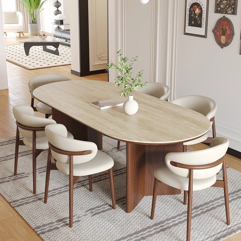 Mesa de comedor de madera maciza francesa de alta calidad, mesa de comedor simple y casera, estilo antiguo, agujero oval, mesa de comedor de piedra y tabla de roca