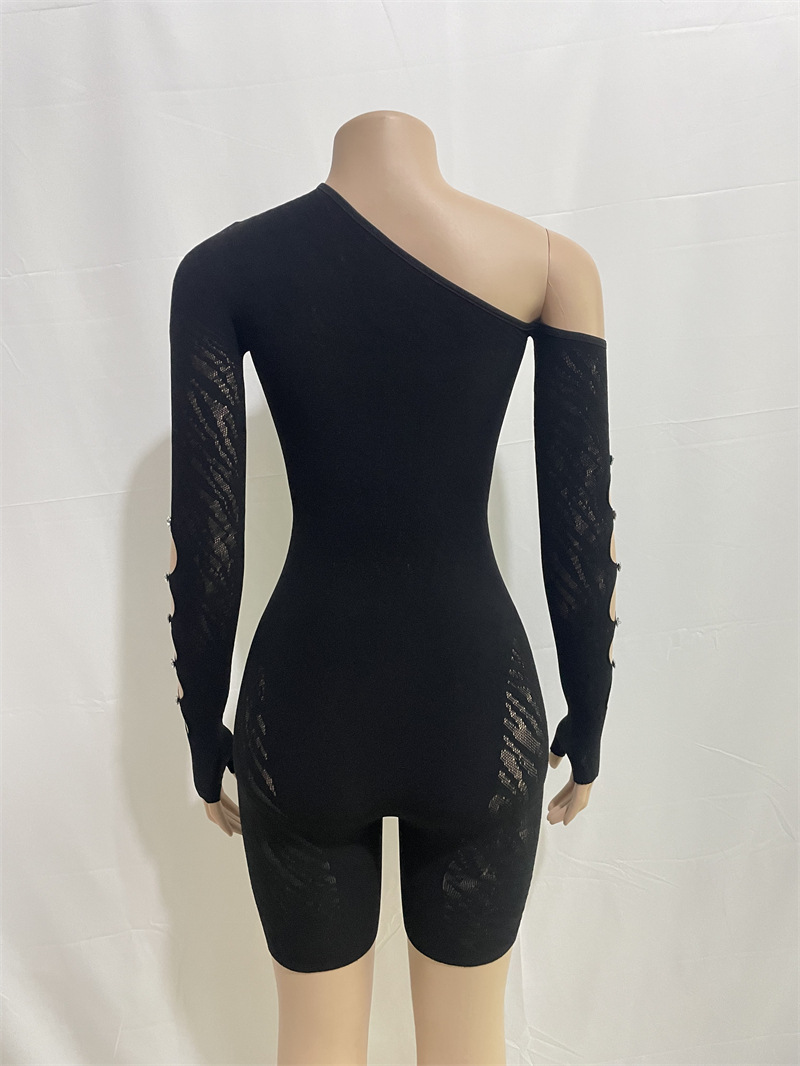 Solid Color Diagonal Shoulder Long Sleeve Diamond Hollow Out Cutout Sexy Slim Fit Romper
