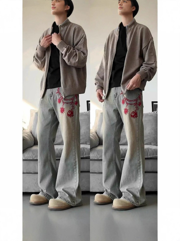 アメリカンレトロ刺繍ジーンズ、ヨーロッパとアメリカのヒップホップストリートパンツ、メンズハイエンドデザインストレートレッグパンツ|undefined