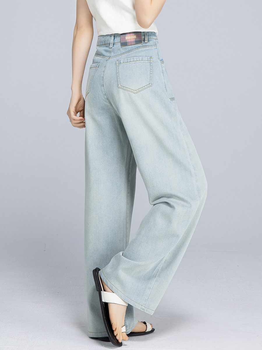 Quần jean ống rộng nữ cạp cao chất Tencel cotton mỏng mùa hè — Xanh lam nhạt cổ điển