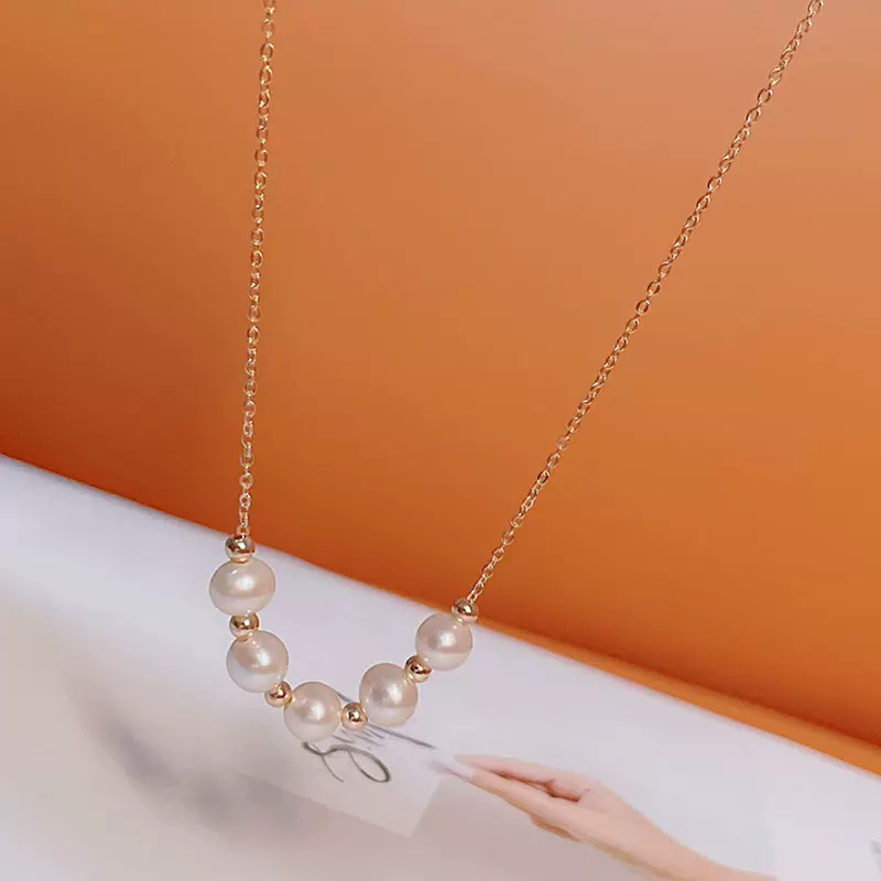 诸暨珍珠.14k注金微笑项链6-7MM近圆微瑕淡水颈链白珍珠路路通