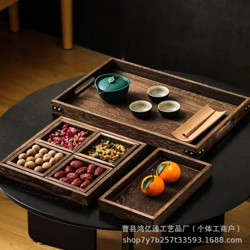 国境を越えた無垢材の炉茶トレイティーセット分割ディナープレートデスクトップ多機能7ピーストレイセット|undefined