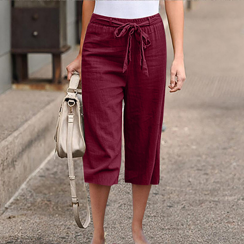 2023 Amazon Cross-border wish Women's Solid Color Drawstring Cotton and Linen Casual Loose Straight Pocket Home Cropped Pants 2023 Amazon Cross-border wish Women's Solid Color Drawstring Cotton and Linen Casual Loose Straight Pocket Home Cropped Pants