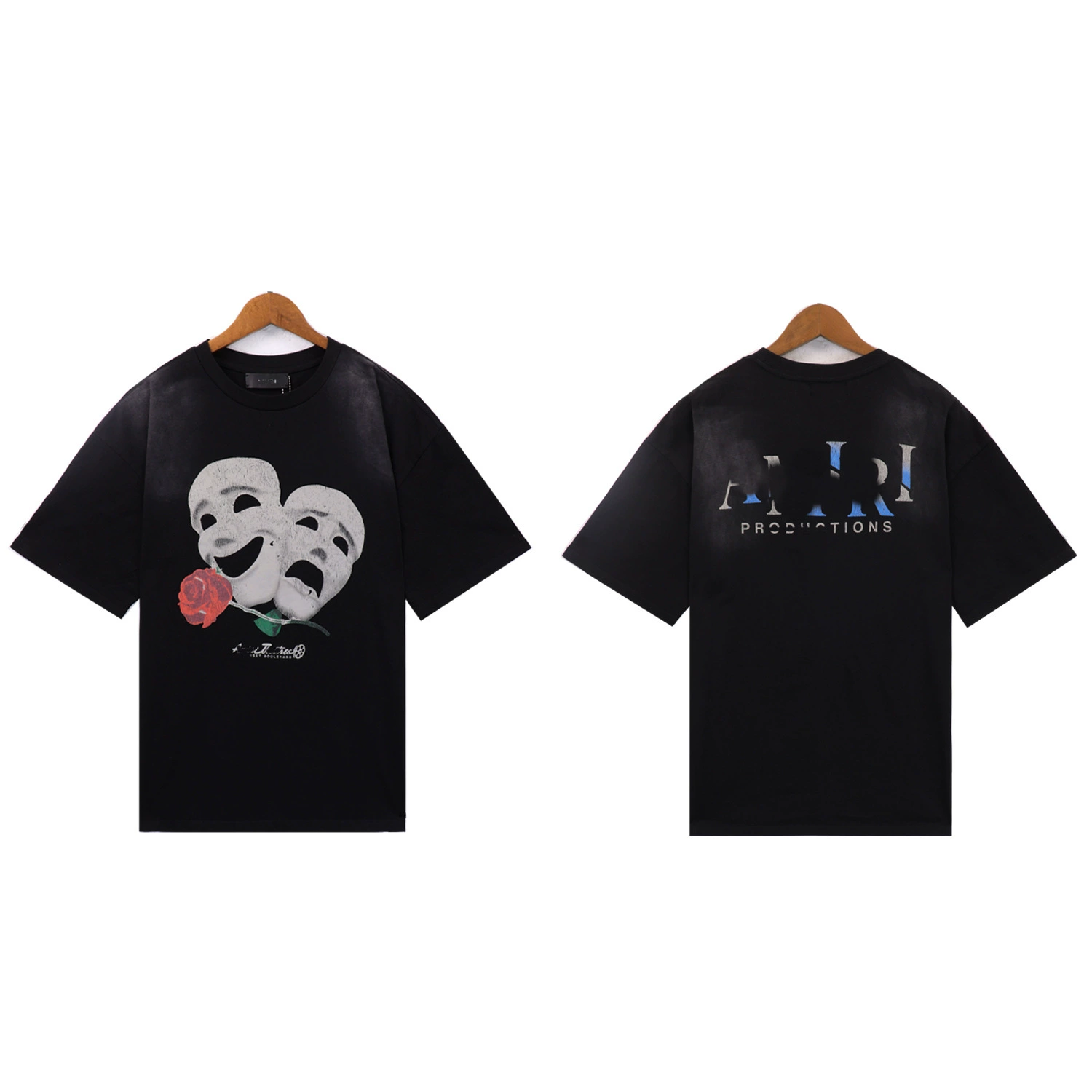 Трансграничная AMIRI High-версия мойки воды с короткими рукавами с рисунком маски с принтом букв одежда мужская футболка прилив свободной рубашки