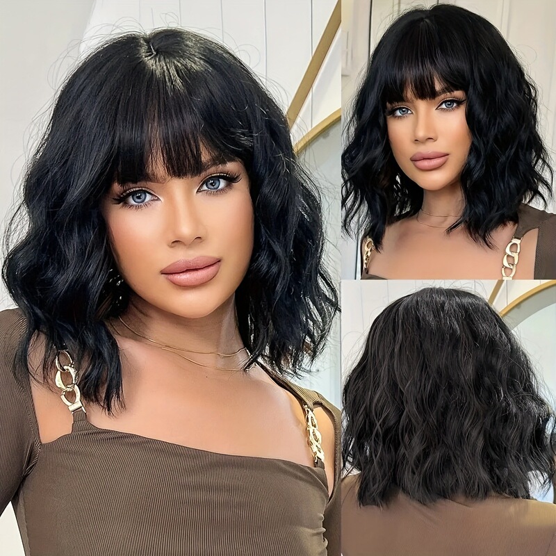 European and American wavy bob wigs, women's bangs wigs, full head curly synthetic bob wigs in stock European and American wavy bob wigs, women's bangs wigs, full head curly synthetic bob wigs in stock