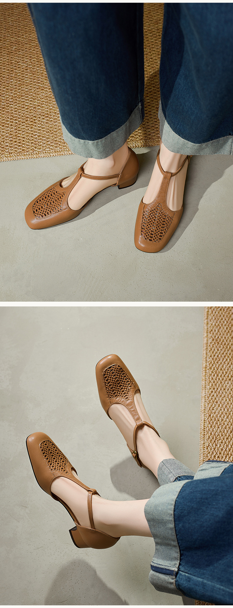 Sandal nữ da cừu thấp gót dệt vintage bít mũi quai chữ T — màu trắng ngà chi tiết 10