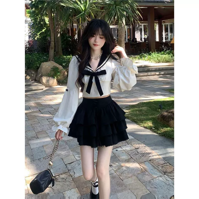 甜美可爱上衣蛋糕裙套装2024春季新款小个子衬衫蓬蓬短裙子两件套