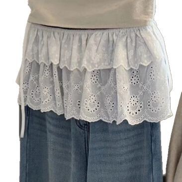 Korean-style embroidered white lace-hole design semi-slip dress French spring lace tulle mini skirt ballet style