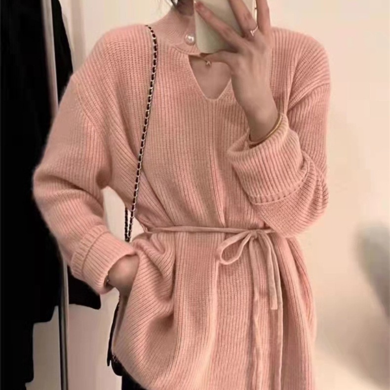 Sexy und sorgfältig maschinell ausgehöhlter Pullover für Damen, neues Temperament im koreanischen Stil, High-End-Gefühl, Schnürung in der Taille_voghion.com