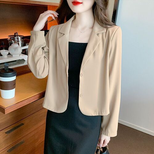 Women's Khaki Color Small Suit Jacket Spring and Autumn Korean Style Versatile High-end Short-Sleeve Top for Petite Figures