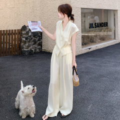 ベージュ韓国スタイルベストスーツ女性のための夏の 2025 新しいハイエンドノースリーブトップワイドレッグパンツ 2 点セット