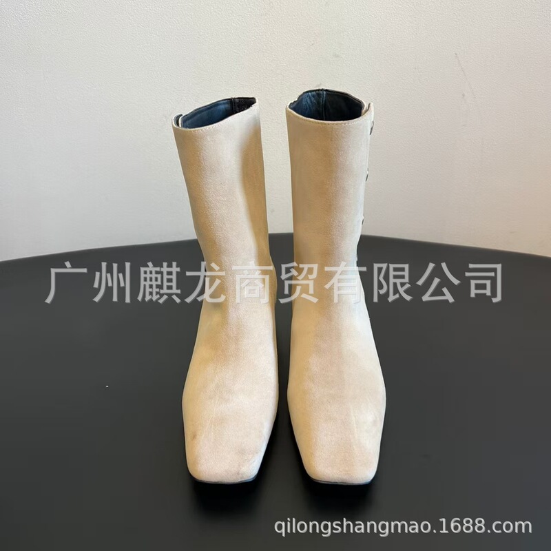 高端小众2025秋冬真皮方头复古多排扣内增高套筒短靴切尔西靴单靴|undefined