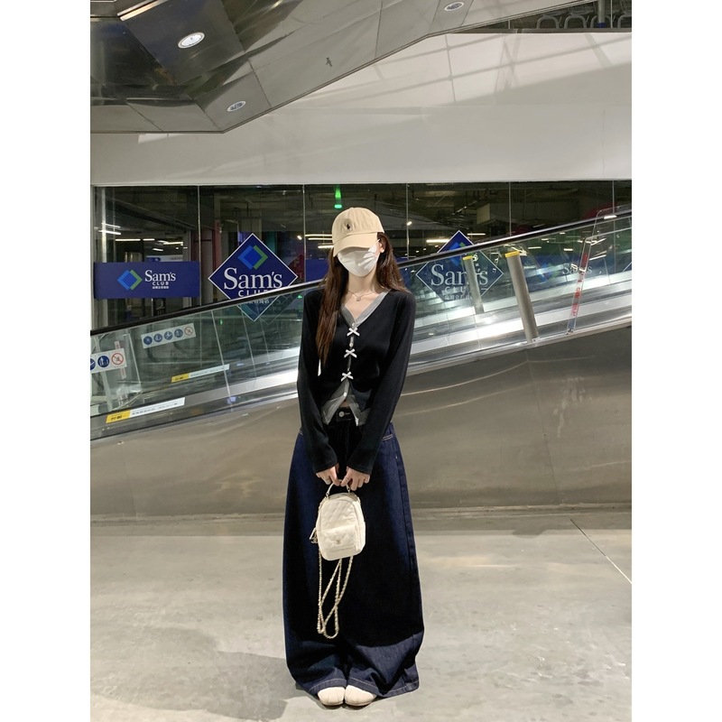 蝴蝶结撞色v领假两件女上衣春秋季ins修身短款外穿拼接打底衫上衣|undefined