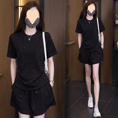 Fashionable hot drilling casual sports suit 2025 summer young Western-style short-sleeved shorts lazy style slimming two-piece set