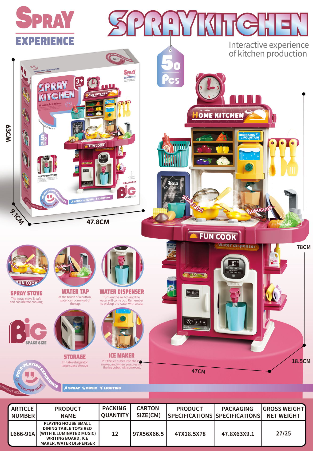 El Comercio exterior 77CM de doble cara de los niños de simulación de spray de cocina cajero de agua vajilla de cocina Play House supermercado Juguetes