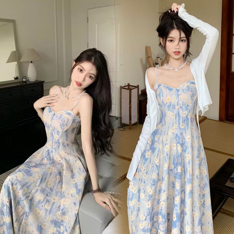 French Blue Oil Painting Floral Suspender Dress for Women Spring and Summer New Style Waist-Cinching Sweet Fairy Elegant Mid-Length Skirt