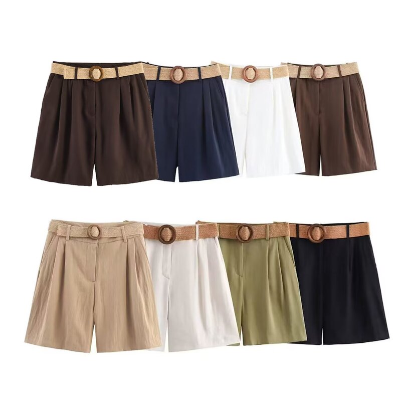 Z Women's 2025 Summer New European and American Style Simple and Versatile Bermuda Shorts with Belt 8649767