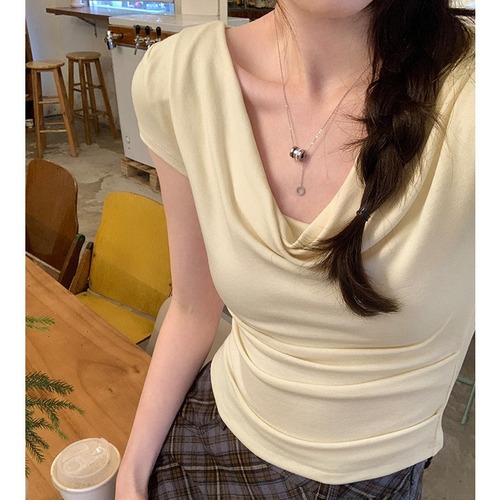 0829# Pleated Design Sensory No Bra Cup Seamless Short-Sleeve T-Shirt Slim Fit Versatile Solid Color Subtle Trick Hot Girl Top