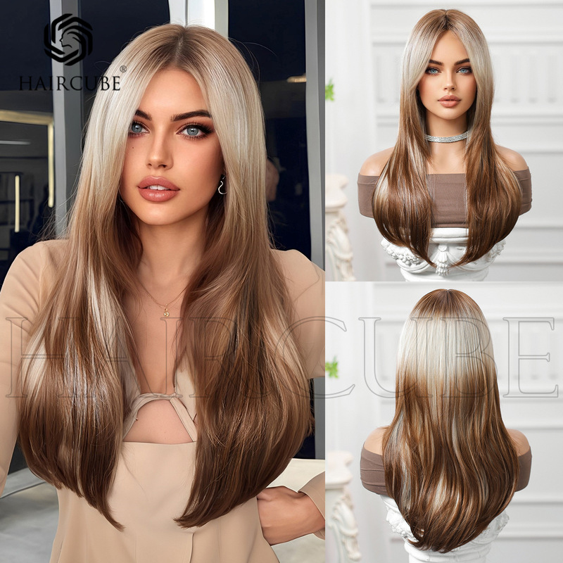 Long Straight Hair Wig Gradient Dye Mid-character Bangs Brown Headset Bangs Chemical Fiber Wig Europe and America Cross-border