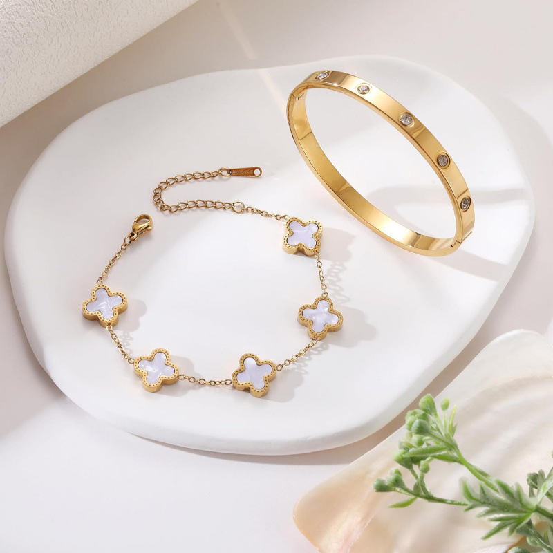 Cross-Border Amazon Hot-Selling New Product: Women's Four-Leaf Clover Bracelet Two-Piece Set, High-Quality Men's Bracelet, Electroplated 18Kv