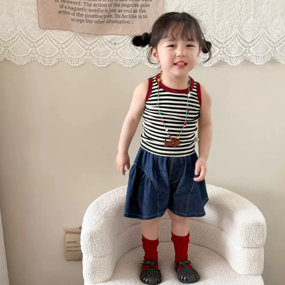 蔗梨童装女童夏套装薄款2025新款儿童韩版背心牛仔短裤女宝宝衣服
