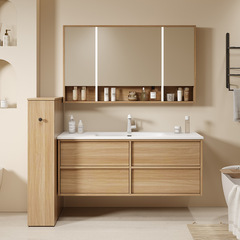 原木風可麗耐一體盆洗漱台浴室櫃組合橡木岩板陶瓷無縫洗臉盆