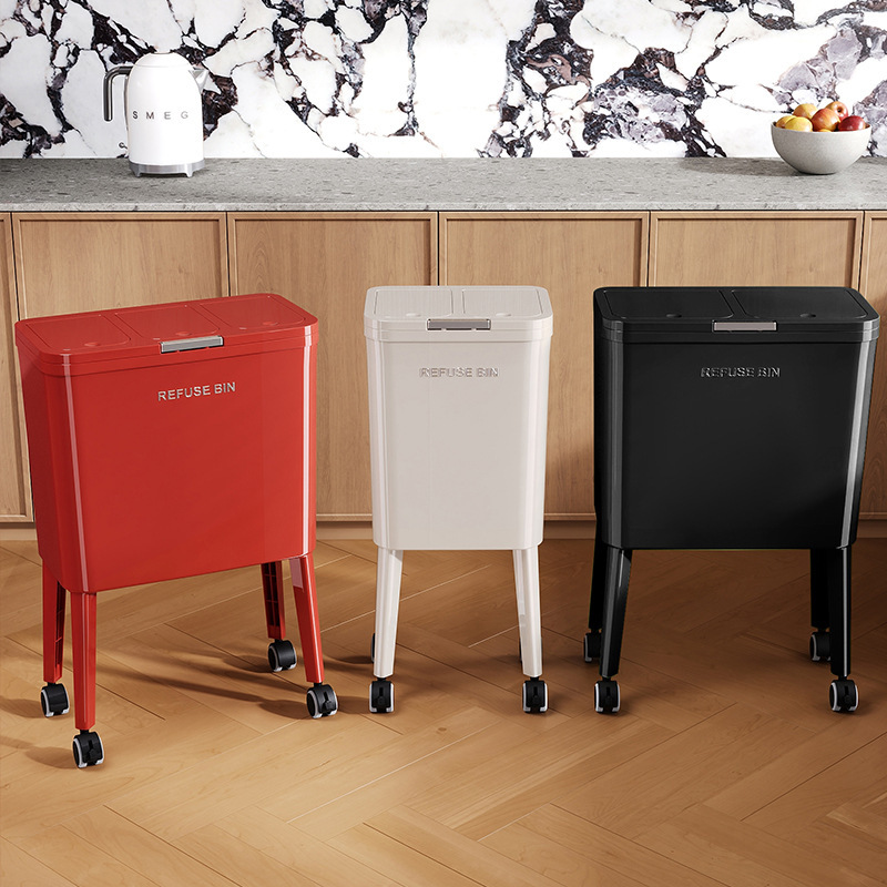 Household Bedroom Storage Bin, Kitchen Dry and Wet Separation Trash Can, No-Bending Trash Bin for Living Room and Bathroom, with Lid, Narrow Gap Trash Bin