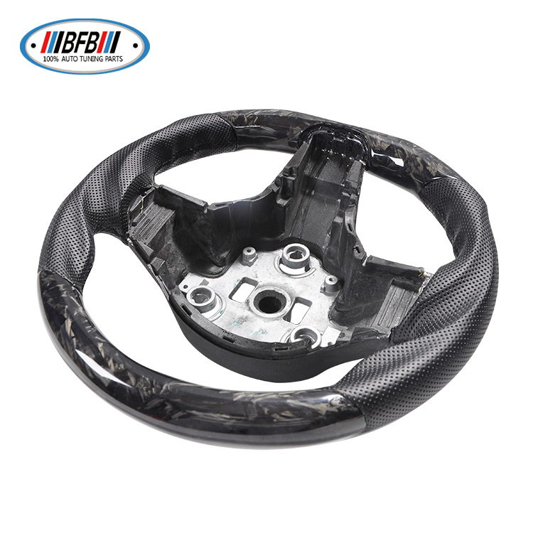 100% Real Carbon Fiber Forged Steering Wheel with Black Perforated Leather and Black Stitching - For Tesla Model Y - Modification